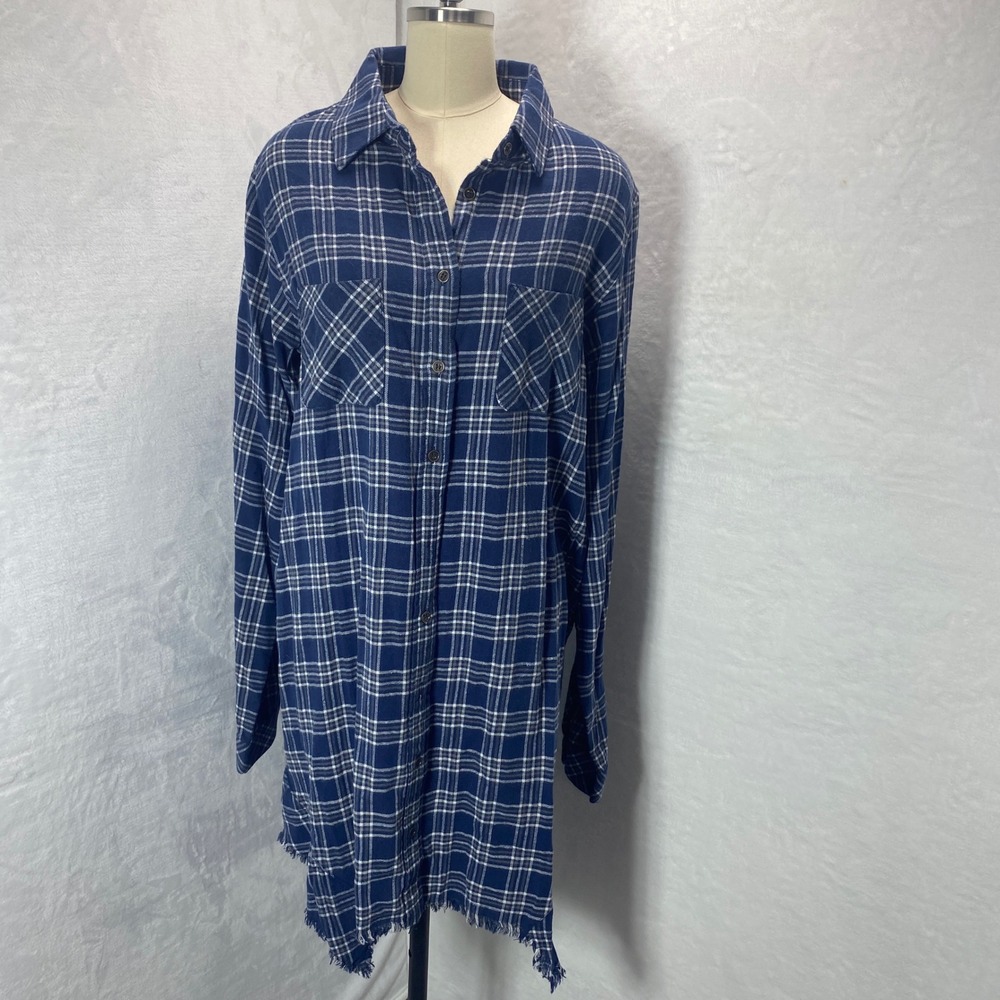 Women's Blue Plaid Flannel Button Down Shirt Dress Casual Long Sleeve‎